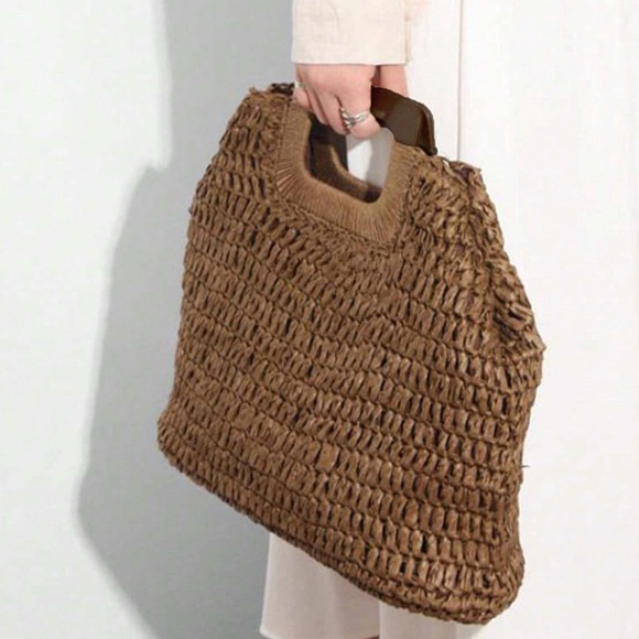 Boho Straw Large Tote top Handle Bag - Picture 11 of 14